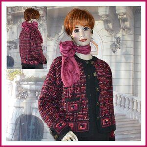 Icelandic Design Sz Large Jacket Sweater Cardigan Lined Various Reds wBlack Trim